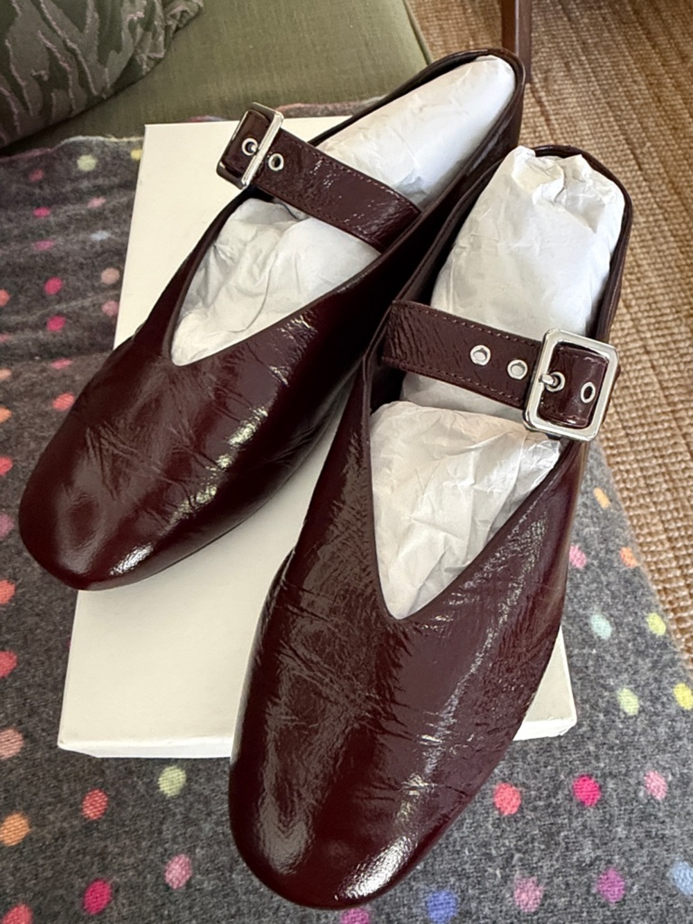 COS Women’s Burgundy Patent Mary Jane Flats - Classic Strap Style- size 10